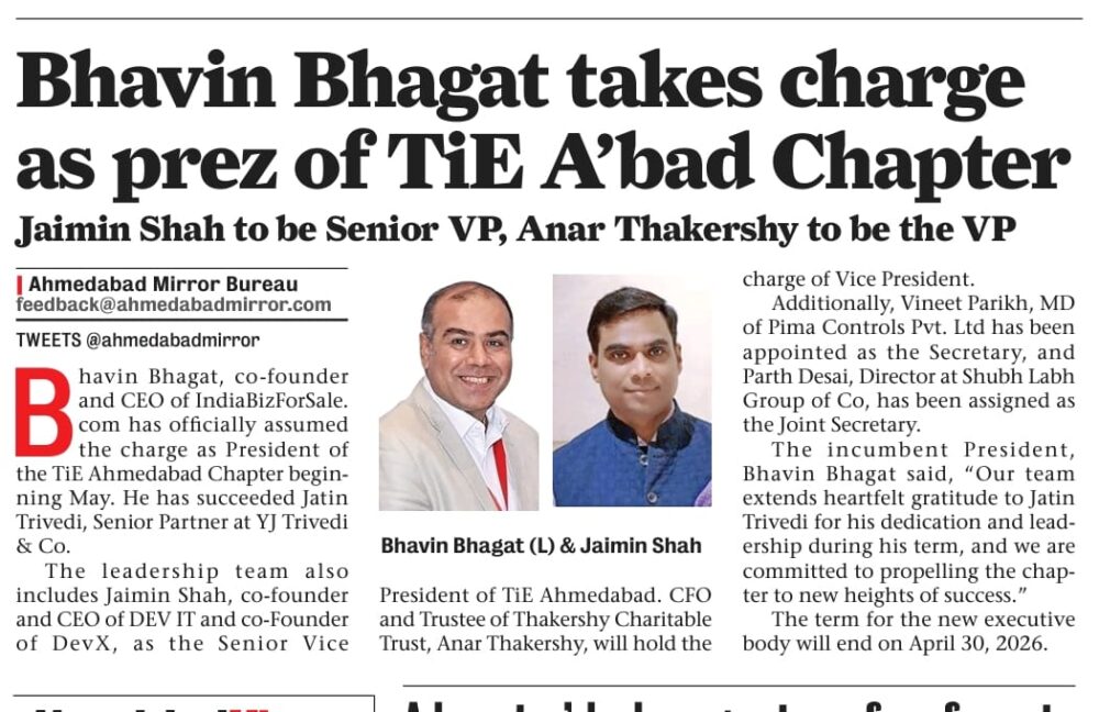 Bhavin Bhagat takes charge as prez of TiE A’bad Chapter