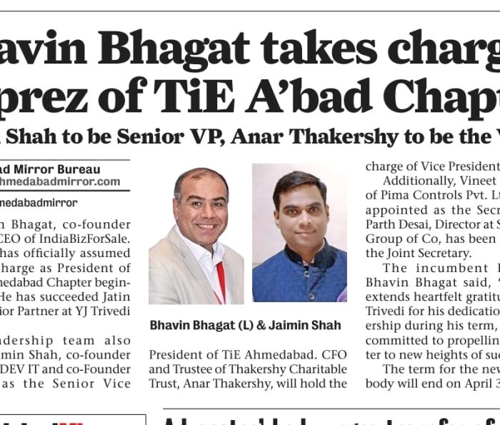 Bhavin Bhagat takes charge as prez of TiE A’bad Chapter